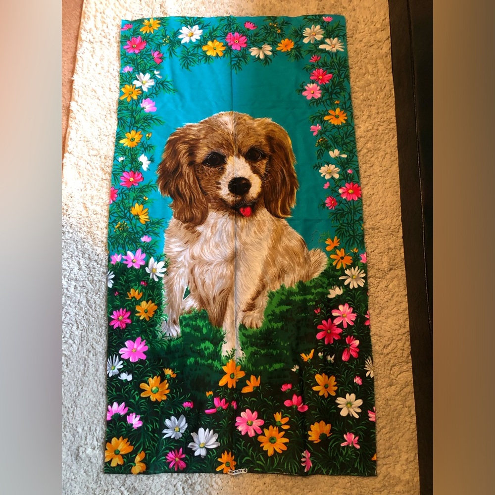 9683 VTG Fabric Panel Dog on Floral Background Wesco-Reltex 1970’s New Old Stock